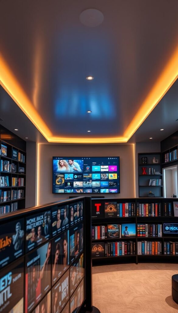 A sleek, modern media center showcasing the expansive IPTV content library of Hoxtoon Provider. In the foreground, rows of high-definition program icons and thumbnails are neatly arranged, enticing the viewer with a diverse selection of movies, TV shows, live channels, and on-demand content. The middle ground features a large, curved display screen displaying a visually stunning sample of the available programming. The background is a minimalist, metallic-themed environment, hinting at the cutting-edge technology and seamless user experience that Hoxtoon Provider delivers. Warm, directional lighting accentuates the clean lines and sophisticated aesthetic, creating an atmosphere of entertainment and innovation.