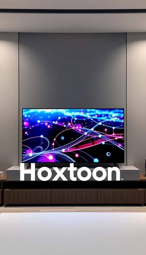 A sleek, modern media center with a high-definition display showcasing vibrant, crystal-clear streaming quality. In the foreground, a Hoxtoon Provider logo prominently featured, conveying the premium IPTV service. The middle ground depicts a stylized visualization of network connectivity, with data streams and signal waves pulsing across the screen. In the background, a subtle gradient of cool blues and grays, creating a professional, technologically-advanced atmosphere. Subtle ambient lighting from above casts a soft, even illumination, highlighting the display's sharpness and vivid color accuracy. The overall scene exudes a sense of reliable, high-performance IPTV streaming.