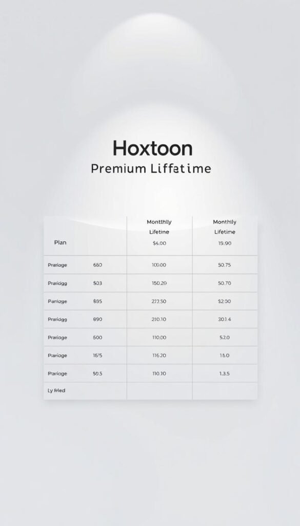 A sleek, modern, minimalist table showcasing the premium lifetime pricing options for the Hoxtoon IPTV provider. The table is displayed on a clean, white background, with subtle grid lines to organize the information. The pricing tiers are presented in a clear, easy-to-read format, with distinct columns for plan duration, monthly cost, and total lifetime cost. The Hoxtoon logo is prominently displayed at the top of the table, lending an air of professionalism and authority. Subtle lighting from the top creates a sense of depth and dimension, while the overall tone is one of simplicity, clarity, and high-quality service.