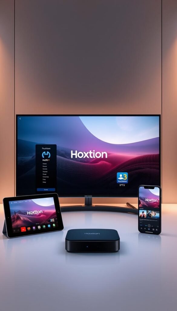 A sleek, modern multi-device setup showcasing the Hoxtoon Provider IPTV service. In the foreground, a smart TV displays crisp, high-quality video content. Flanking it are a tablet and smartphone, all seamlessly connected and synced. The middle ground features a stylized Hoxtoon logo, emanating a soft glow. The background is a minimalist, tech-inspired setting with clean lines and a subtle gradient, creating a sense of sophistication. Subtle ambient lighting casts a warm, inviting tone, highlighting the intuitive user experience. The overall scene conveys the ease and versatility of accessing IPTV content across a variety of devices with the Hoxtoon Provider service.
