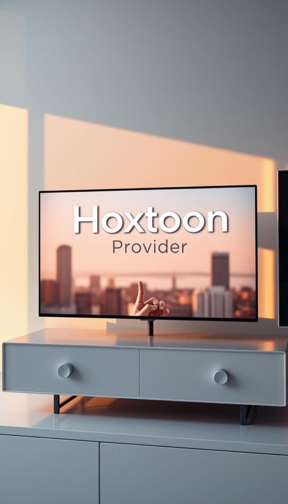 A sleek, modern network interface with the Hoxtoon Provider logo prominently displayed, showcasing a seamless IPTV streaming experience. The interface features a clean, minimalist design with intuitive controls and a responsive, high-definition video player. The background depicts a softly blurred cityscape, evoking a sense of urban sophistication. Warm, natural lighting from the right side casts a subtle glow, creating a cozy and inviting atmosphere. The camera angle is slightly elevated, providing a comprehensive view of the interface and highlighting its user-friendly layout and intuitive functionality.