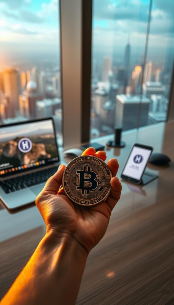 A sleek, modern office desk with a laptop, mobile phone, and a digital wallet app displayed on the screen. In the foreground, a hand holds a cryptocurrency coin, surrounded by the Hoxtoon Provider logo. In the background, a large window overlooking a city skyline, bathed in warm, golden lighting. The scene conveys a sense of security, technology, and the ease of using cryptocurrency to purchase IPTV services.