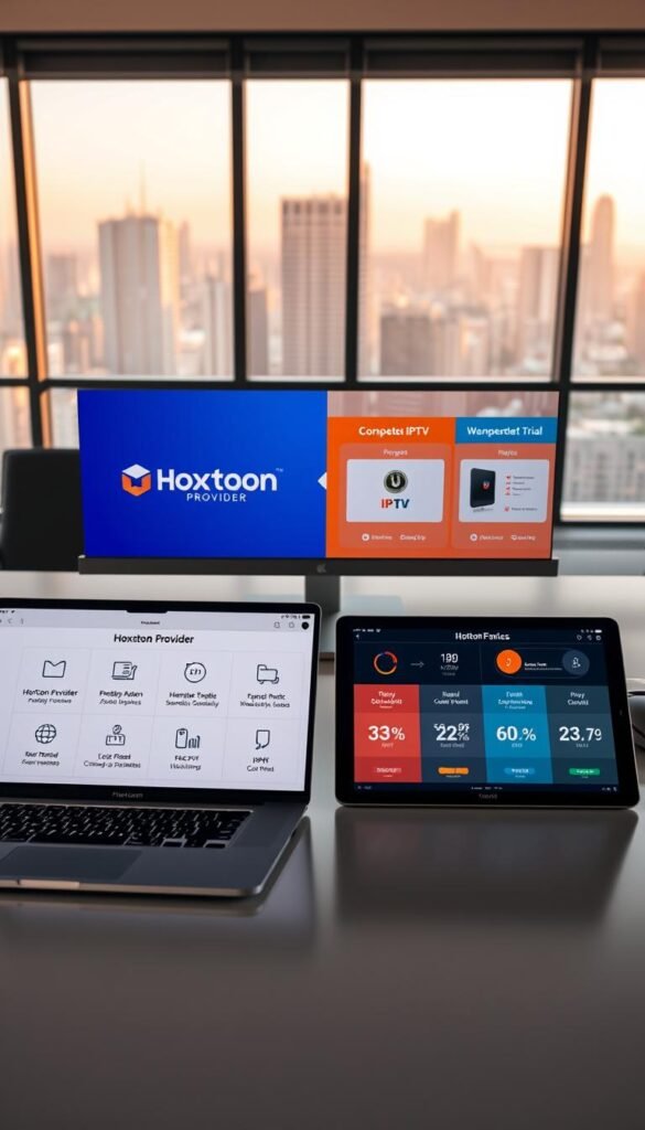 A sleek, modern office desktop scene showcasing a side-by-side comparison of IPTV trial memberships. In the foreground, a laptop displays the Hoxtoon Provider logo and trial details, while an adjacent tablet presents offerings from competing IPTV services. The middle ground features stylized product icons, graphs, and data visualizations highlighting the key features and pricing of each trial. The background is a minimalist workspace with a large window overlooking a cityscape, bathed in warm, natural lighting that creates a professional, informative atmosphere.