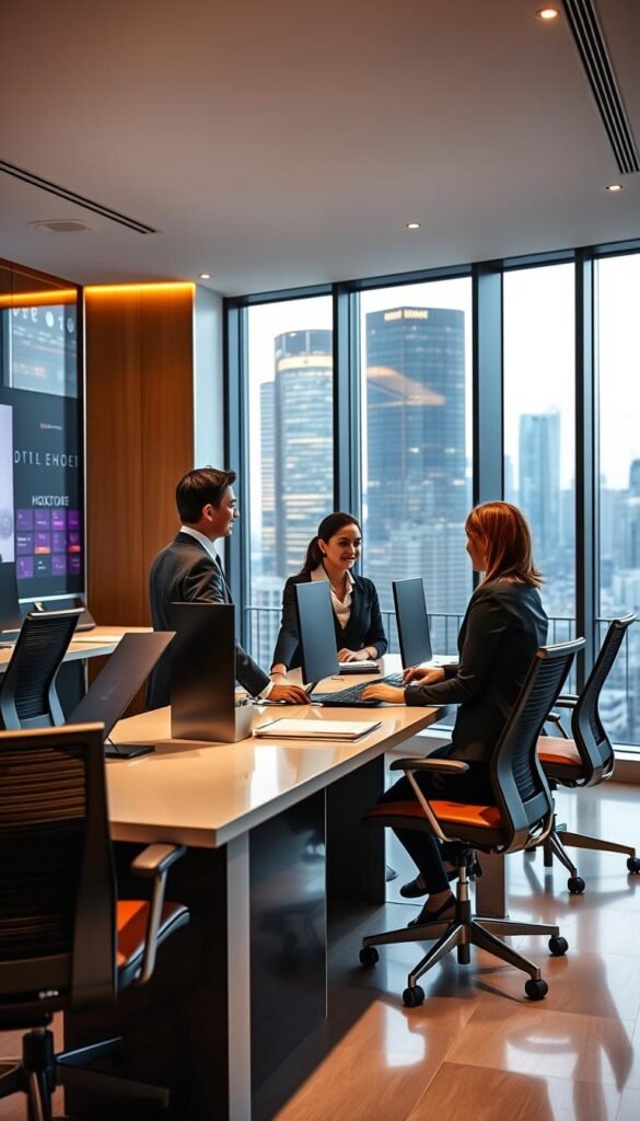 A sleek, modern office interior with a Hoxtoon Provider customer service desk in the foreground. Ergonomic chairs and desks, warm ambient lighting, and a large window overlooking a bustling city skyline in the background. Two customer service representatives in professional attire assist a customer, their expressions conveying helpfulness and attentiveness. The scene exudes a sense of efficiency, reliability, and a commitment to providing a positive IPTV user experience.