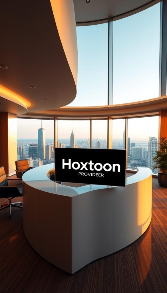 A sleek, modern office interior with a large, curved desk showcasing the Hoxtoon Provider logo prominently displayed on a high-resolution monitor. The room is bathed in warm, diffused lighting, creating a welcoming and professional atmosphere. In the background, a panoramic window offers a view of a vibrant city skyline, conveying the company's presence as a leading IPTV provider. The scene exudes a sense of technological innovation, reliability, and customer-centric service, reflecting Hoxtoon Provider's position as the best IPTV solution in the USA.