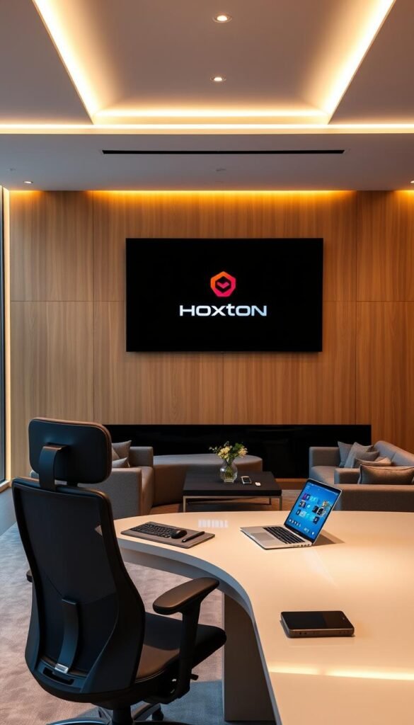 A sleek, modern office interior with a large, curved-screen display showcasing the Hoxtoon Provider logo. The display is mounted on a minimalist, wood-paneled wall, illuminated by soft, indirect lighting. In the foreground, a high-end, ergonomic desk and chair setup, with a laptop, tablet, and other tech accessories neatly arranged. The middle ground features a cozy seating area with plush, gray sofas and a coffee table, creating a welcoming atmosphere. The background reveals floor-to-ceiling windows overlooking a cityscape, adding a sense of urban sophistication. The overall scene conveys professionalism, innovation, and the reliable technology of the Hoxtoon Provider IPTV service.