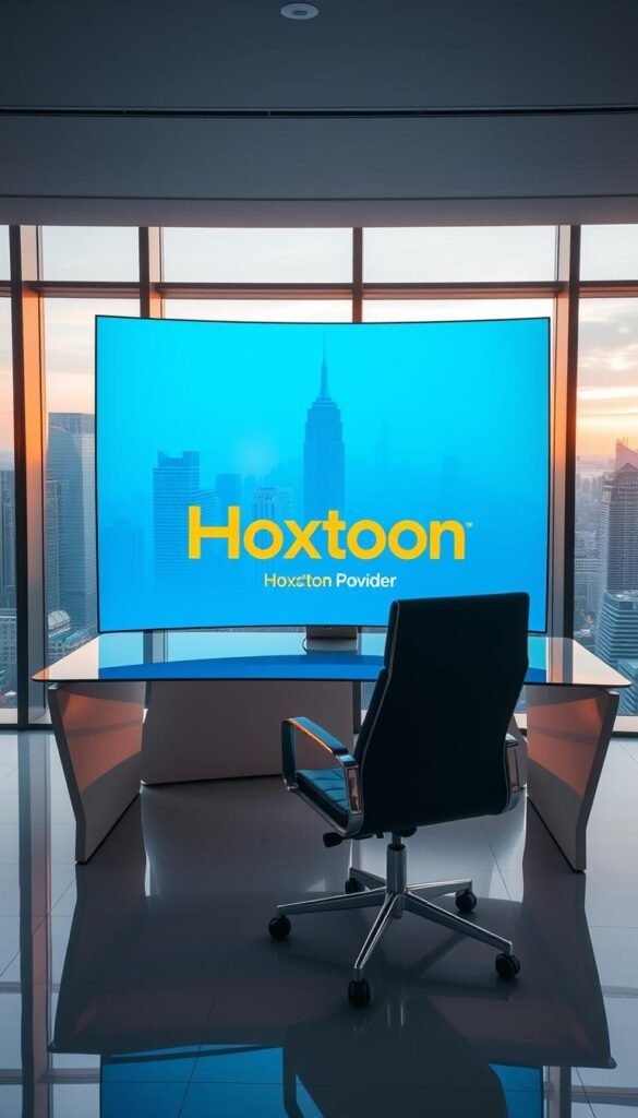 A sleek, modern office interior with a large, curved-screen display showcasing the Hoxtoon Provider logo and branding. The display is situated on a minimalist, glass-topped desk, with a high-end executive chair in the foreground. The background features floor-to-ceiling windows overlooking a bustling city skyline, bathed in warm, golden-hour lighting. The overall atmosphere conveys a sense of professionalism, innovation, and market leadership associated with the Hoxtoon Provider brand.