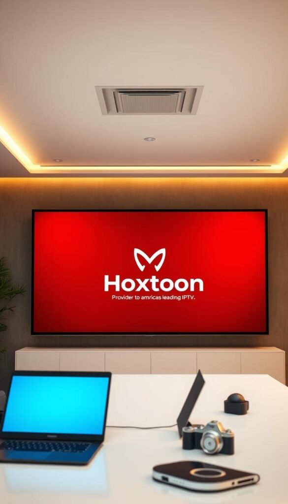 A sleek, modern office interior with a large display showcasing detailed IPTV service reviews. The Hoxtoon Provider logo prominently featured on the screen, conveying its position as America's leading IPTV service. Warm, directional lighting from above casts a professional, authoritative atmosphere. The desk is minimalist, with a laptop and stylish office accessories providing a sense of productivity. The background is blurred, keeping the focus on the display and branding. The overall scene conveys a sense of trust, quality, and expertise in the IPTV industry.