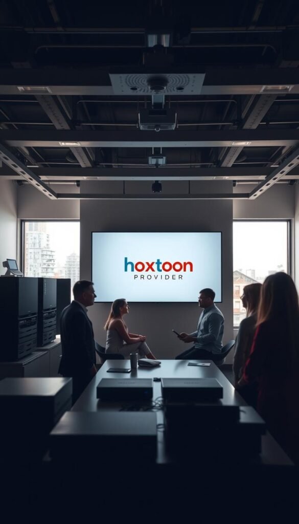 A sleek, modern office interior with a large display showcasing the Hoxtoon Provider brand and logo. The room is bathed in soft, natural lighting filtering through large windows, creating a professional and trustworthy atmosphere. In the foreground, a group of people are gathered around a table, discussing the features and benefits of the IPTV service. Technical equipment, such as routers and streaming devices, are visible in the background, highlighting the technological capabilities of the Hoxtoon Provider. The overall scene conveys the legitimacy, reliability, and user-friendly nature of this IPTV offering.