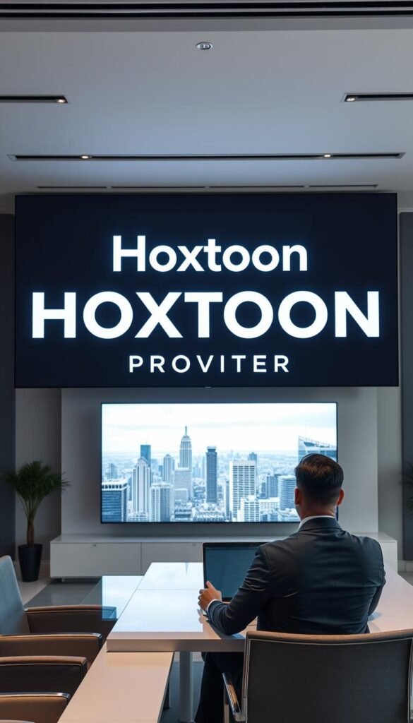 A sleek, modern office interior with a large display showcasing the Hoxtoon Provider logo. The room is well-lit, with large windows and minimalist furnishings. In the foreground, a professional-looking executive sits at a desk, laptop open, highlighting Hoxtoon's cutting-edge IPTV services. The background features cityscape views, conveying Hoxtoon's position as a leading IPTV provider in the USA. The overall atmosphere is one of authority, reliability, and technological innovation.