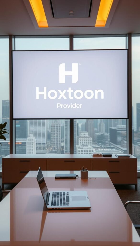 A sleek, modern office interior with a large display showcasing the Hoxtoon Provider logo. The room is bathed in warm, directional lighting, creating a professional and inviting atmosphere. On the desk, there is a laptop and some neatly arranged office supplies, suggesting a productive workspace. In the background, there are floor-to-ceiling windows overlooking a bustling city skyline, hinting at the global reach and scale of the Hoxtoon IPTV service. The overall composition conveys a sense of authority, innovation, and a commitment to delivering the best IPTV experience to customers.