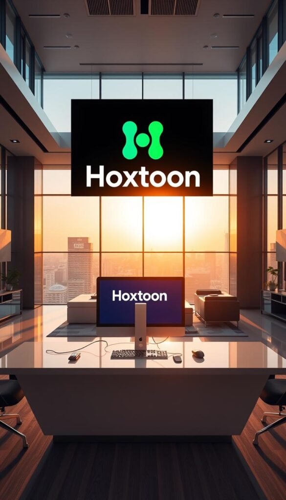 A sleek, modern office interior with a large display showcasing the Hoxtoon Provider logo. The room is bathed in warm, natural lighting that streams in through panoramic windows, creating a welcoming and professional atmosphere. In the foreground, a stylish, minimalist desk with a high-end computer setup takes center stage, hinting at the cutting-edge technology powering the Hoxtoon IPTV service. The background features elegant, contemporary furnishings and decor, conveying a sense of quality and attention to detail. The overall scene exudes a sense of reliability, innovation, and a commitment to providing the best IPTV experience for Canadian viewers.
