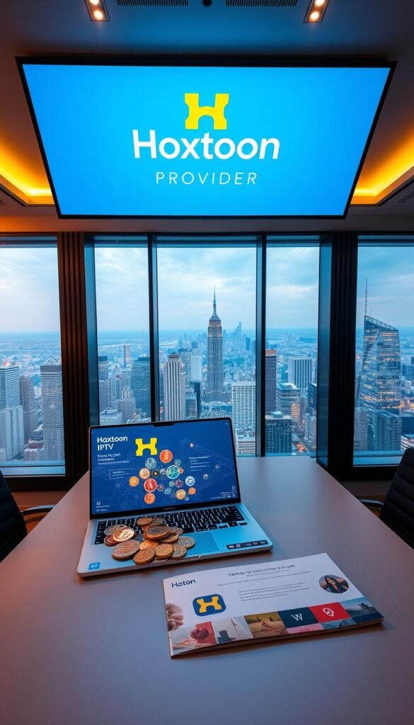 A sleek, modern office interior with a large display showcasing the Hoxtoon Provider logo. The room is bathed in a warm, inviting lighting, with floor-to-ceiling windows offering a panoramic view of a bustling city skyline. In the foreground, a stylish, minimalist desk features a state-of-the-art laptop and a variety of cryptocurrencies displayed on the screen. On the desk, a well-designed brochure highlights Hoxtoon's secure, crypto-friendly IPTV services. The overall atmosphere conveys a sense of professionalism, innovation, and technological prowess.