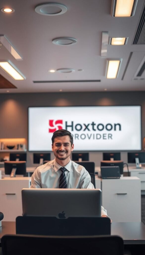 A sleek, modern office interior with a large display showcasing the Hoxtoon Provider logo. The room is well-lit, with warm, soft lighting from overhead fixtures casting a professional ambiance. In the foreground, a customer service representative in a crisp button-down shirt and tie is seated at a desk, smiling and assisting a client on a high-end laptop. The background features neatly organized workstations and shelves, conveying a sense of efficiency and reliability. The overall scene exudes a trustworthy and customer-centric atmosphere, reflecting the quality of Hoxtoon Provider's IPTV services.
