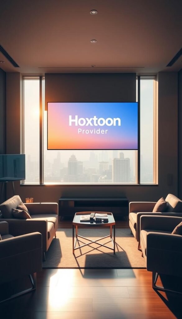 A sleek, modern office interior with a large, high-definition flat-screen TV mounted on the wall. The TV displays the Hoxtoon Provider logo, showcasing its sharp, vibrant visuals. The room is bathed in warm, soft lighting, creating a cozy and inviting atmosphere. The furniture is minimal and stylish, with a comfortable couch and armchair arrangement facing the TV. A small coffee table in the center holds a remote control and a few magazines. Large windows overlooking a cityscape fill the room with natural light, adding to the sense of sophistication and technological prowess. The overall scene conveys a premium, high-quality streaming service experience.