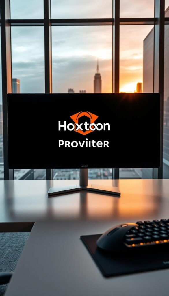 A sleek, modern office interior with a large monitor displaying the Hoxtoon Provider logo, conveying a sense of professionalism and reliability. The monitor is placed on a minimalist desk, with a high-quality gaming mouse and keyboard in the foreground. The background features floor-to-ceiling windows overlooking a cityscape, bathed in warm, natural lighting. The overall atmosphere suggests a cutting-edge, technology-driven company providing the best IPTV lifetime subscription service in the USA.