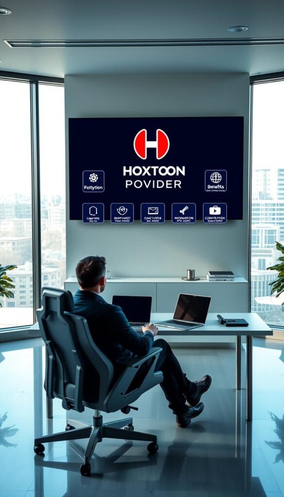 A sleek, modern office interior with a large monitor displaying the Hoxtoon Provider logo. In the foreground, a person sits comfortably in an ergonomic chair, examining the various features and benefits of the lifetime IPTV membership on the screen. The middle ground showcases a clean, minimalist desk with a laptop, remote control, and other IPTV-related accessories. The background features large windows, allowing natural light to flood the space, creating a bright and inviting atmosphere. The overall scene conveys the convenience, reliability, and value of the Hoxtoon Provider lifetime IPTV code.