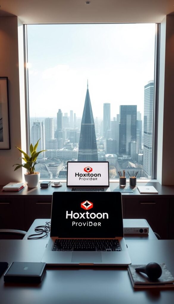 A sleek, modern office interior with a large window overlooking a bustling German city skyline. On the desk, a laptop displays the Hoxtoon Provider logo, surrounded by stylish office supplies. The room is bathed in warm, natural lighting, creating a professional and inviting atmosphere. The walls are adorned with minimalist art pieces, and a potted plant adds a touch of greenery. The overall scene conveys the reliability, innovation, and customer-centric approach of the "best IPTV provider in Germany".