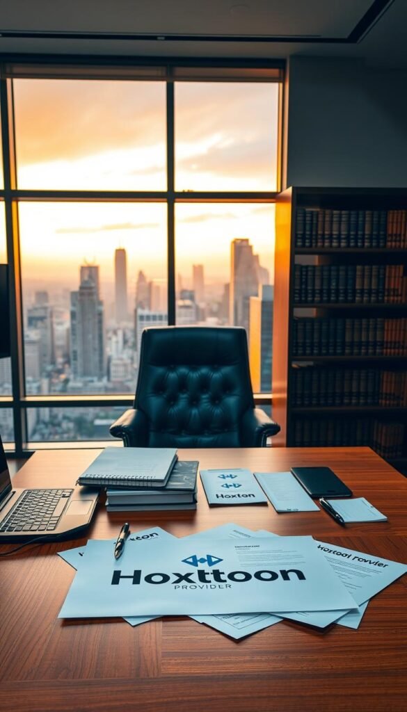 A sleek, modern office interior with a large window overlooking a bustling city skyline. In the foreground, a wooden desk with a Hoxtoon Provider logo prominently displayed. On the desk, various legal documents and a laptop, conveying the concept of IPTV legal considerations. The middle ground features a stylish leather chair and a bookshelf filled with law books. The background is bathed in warm, natural lighting, creating a professional and authoritative atmosphere.