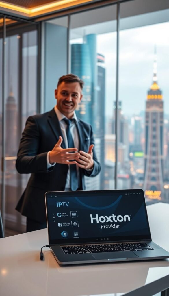 A sleek, modern office interior with a large window overlooking a bustling city skyline. In the foreground, a Hoxtoon Provider branded laptop and tablet are prominently displayed on a minimalist desk, showcasing the IPTV service's intuitive user interface. The middle ground features a professional-looking person, smartly dressed, gesturing towards the devices while explaining the setup process. The background is filled with high-rise buildings, neon city lights, and a vibrant, cosmopolitan atmosphere, conveying the global, overseas nature of the IPTV solutions. The lighting is soft and warm, creating a welcoming and professional ambiance.
