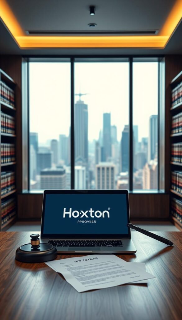 A sleek, modern office interior with a large window overlooking a bustling city skyline. In the foreground, a wooden desk with a laptop displaying the Hoxtoon Provider logo. On the desk, legal documents and a gavel, symbolizing the legal considerations surrounding IPTV services. Soft, directional lighting creates a contemplative atmosphere. The middle ground features bookshelves filled with law volumes, creating a sense of professionalism and authority. The background showcases the cityscape, conveying the scale and complexity of the IPTV landscape. The overall scene suggests the need to navigate the legal landscape carefully when using IPTV services.