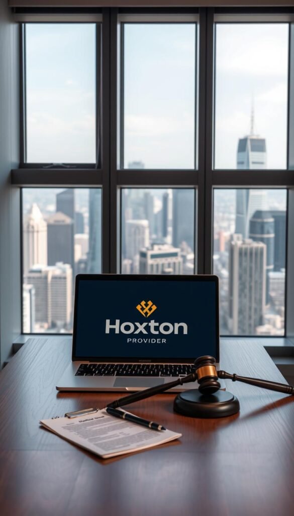 A sleek, modern office interior with a large window overlooking a bustling city skyline. In the foreground, a wooden desk with a laptop displaying the Hoxtoon Provider logo. On the desk, legal documents and a gavel, symbolizing the legal considerations surrounding IPTV services. Soft, directional lighting creates a contemplative atmosphere, while the cityscape in the background suggests the wider context of the IPTV industry. The scene conveys a sense of professionalism and the need to navigate the legal landscape carefully when using IPTV services.