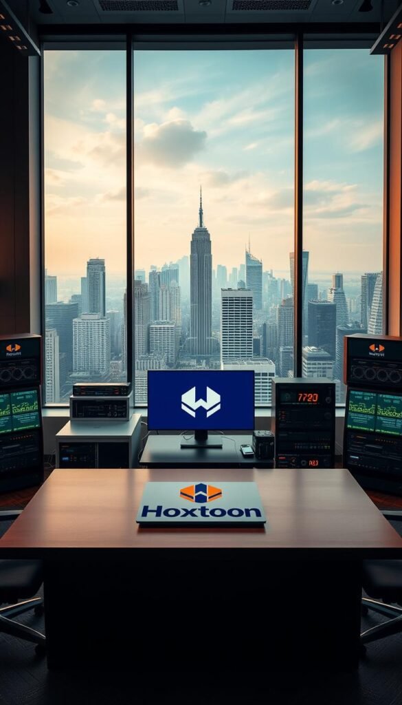 A sleek, modern office interior with a large window overlooking a bustling city skyline. In the foreground, a desk features a stylized logo for the "Hoxtoon Provider" brand, surrounded by various networking equipment, secure-looking servers, and encrypted display screens. The lighting is warm and professional, with a hint of dramatic shadows. The overall atmosphere conveys a sense of reliability, technological sophistication, and a commitment to data protection. The image should project an impression of a leading, trustworthy IPTV service provider.