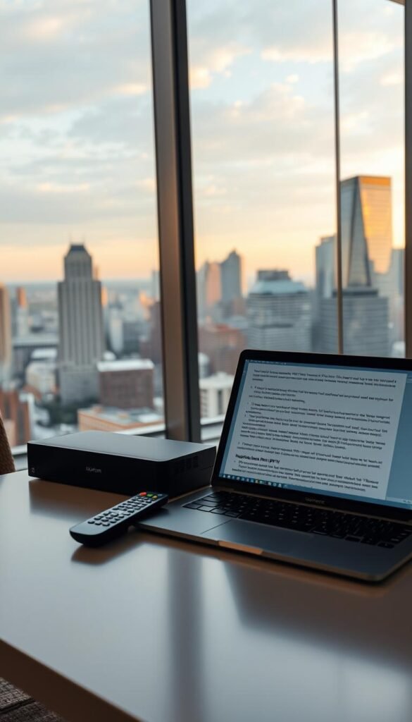 A sleek, modern office interior with a large window overlooking a bustling city skyline. On the desk, a Hoxtoon Provider IPTV box and remote sit next to a laptop displaying IPTV regulations and legal documents. Soft, directional lighting casts a warm, professional atmosphere. The scene conveys the careful consideration and compliance required for operating an IPTV service in the United States.