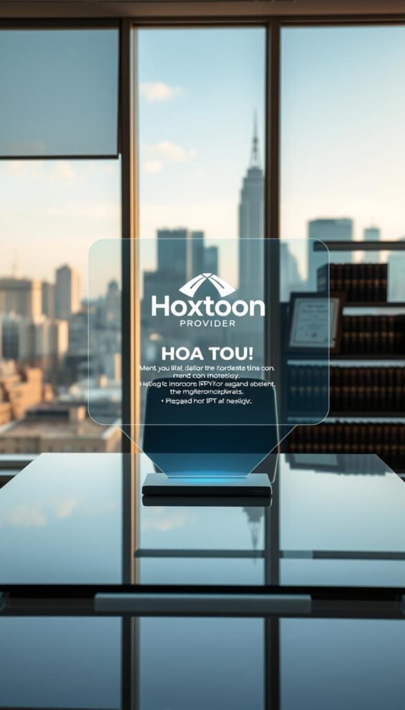 A sleek, modern office interior with a large window overlooking a city skyline. In the foreground, a stylized, holographic display hovers above a glass-topped desk, depicting the Hoxtoon Provider logo and information about IPTV legality. The lighting is warm and natural, with soft shadows and highlights accentuating the minimalist design. In the background, shelves of legal books and a framed certificate suggest an authoritative, professional setting. The overall mood is one of thoughtful contemplation and informed decision-making.