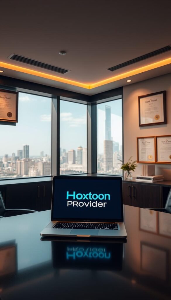 A sleek, modern office interior with a large window overlooking a city skyline. On the desk, a laptop displays the Hoxtoon Provider logo, representing the legal considerations of IPTV services. The room is bathed in warm, diffused lighting, creating a professional and authoritative atmosphere. On the walls, framed certificates and legal documents provide a sense of legitimacy and compliance. The overall scene conveys the importance of understanding the legal landscape when utilizing IPTV services.