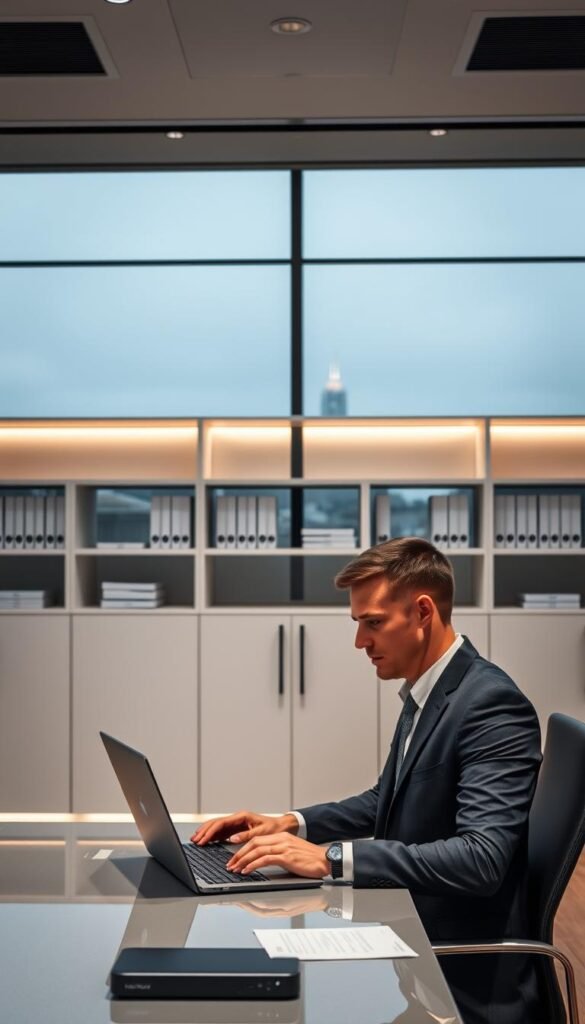 A sleek, modern office interior with a large window overlooking the city skyline of Germany. In the foreground, a professional-looking man in a suit sits at a desk, working intently on a laptop displaying the Hoxtoon Provider logo. The middle ground features shelves and cabinets containing legal documents and compliance materials. The background showcases a clean, minimalist design with subtle lighting and a sense of sophistication. The overall atmosphere conveys a tone of legal expertise, regulatory compliance, and a reputable IPTV service provider operating within the bounds of German law.