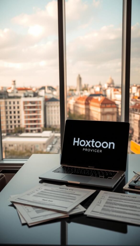 A sleek, modern office interior with a large window overlooking the city skyline of Madrid, Spain. In the foreground, a laptop screen displays the Hoxtoon Provider logo, symbolizing the legal IPTV service. On the desk, various documents and papers related to IPTV regulations and legislation in Spain. The lighting is soft and warm, creating a professional and authoritative atmosphere. The scene conveys a sense of navigating the complexities of IPTV legality, with the Hoxtoon Provider branding suggesting a reliable and compliant solution.