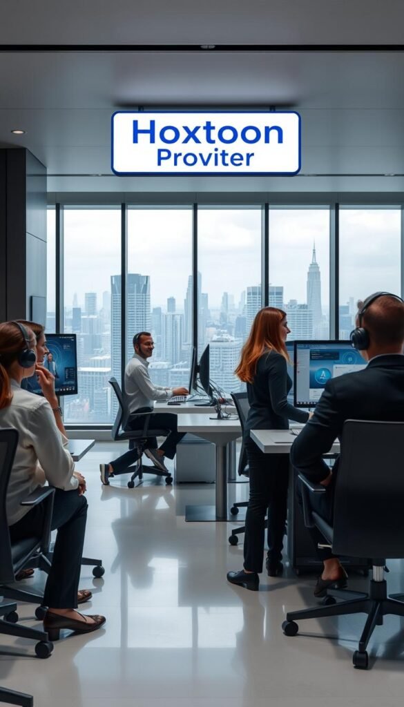 A sleek, modern office interior with a prominently displayed Hoxtoon Provider logo. In the foreground, a group of customer service representatives in professional attire, warmly engaging with customers via video calls and providing attentive assistance. The middle ground features a neatly organized workspace with state-of-the-art computer equipment and efficient call management systems. The background showcases a large, panoramic window overlooking a bustling city skyline, bathed in soft, diffused lighting that creates a calming, professional atmosphere. The overall scene conveys a sense of reliability, competence, and a customer-centric approach that Hoxtoon Provider is known for.