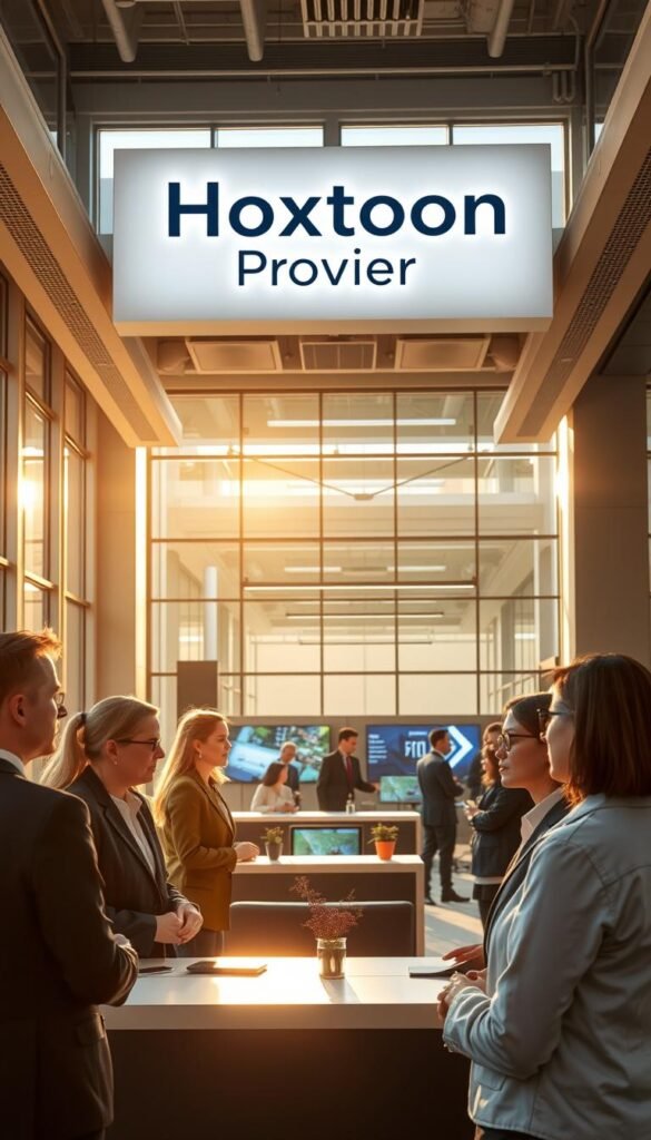 A sleek, modern office interior with a prominently displayed "Hoxtoon Provider" logo. The scene is bathed in warm, natural lighting that streams in through large windows, creating a welcoming and professional atmosphere. In the foreground, a team of customer service representatives are engaged in attentive conversations, their faces reflecting a sense of expertise and dedication. The middle ground features a stylish reception area with comfortable seating and digital displays showcasing the company's service offerings. The background reveals a busy open-plan workspace, where engineers and technicians collaborate to ensure the reliable and seamless delivery of the IPTV service.