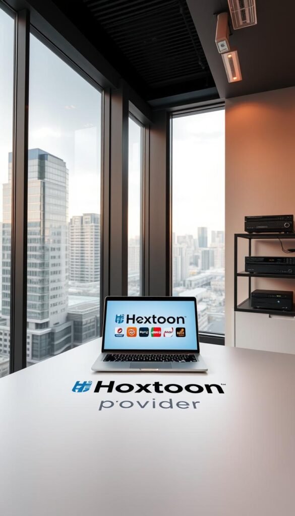 A sleek, modern office interior with floor-to-ceiling windows overlooking a bustling German cityscape. In the foreground, a minimalist desk features the prominent "Hoxtoon Provider" logo. On the desk, a laptop displays a crisp, intuitive IPTV interface, showcasing the service's robust channel lineup and user-friendly design. The lighting is warm and natural, accentuating the clean, professional atmosphere. In the background, shelves display various networking equipment, subtly hinting at the technical infrastructure powering Hoxtoon's reliable IPTV service. The overall scene conveys a sense of legitimacy, innovation, and German efficiency.