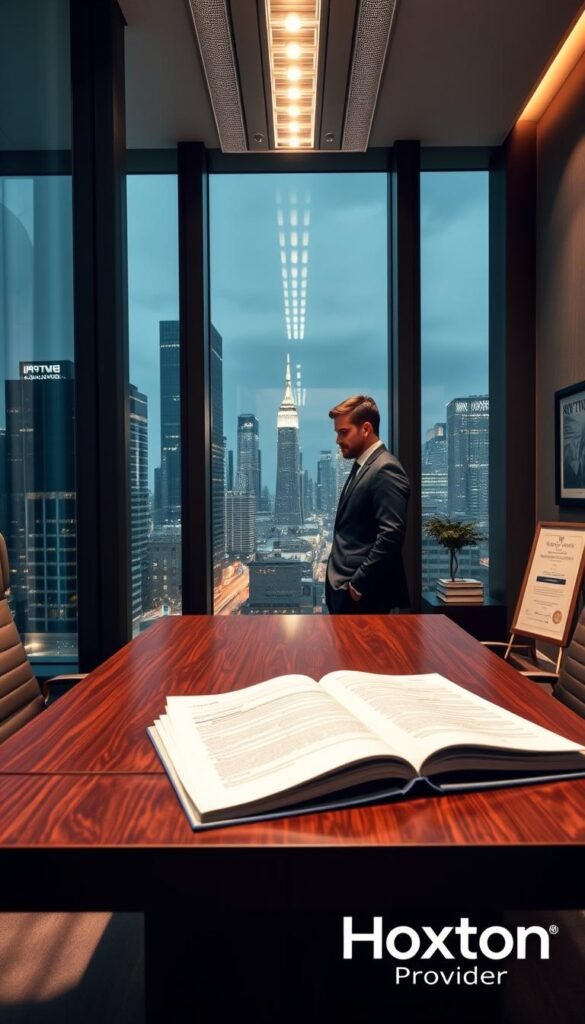 A sleek, modern office interior with floor-to-ceiling windows overlooking a bustling city skyline. In the foreground, a well-dressed business professional stands at a large wooden desk, reviewing legal documents related to IPTV service regulations. The lighting is bright and professional, with a mixture of natural daylight and warm, focused task lighting. The room has a sophisticated, minimalist aesthetic, with clean lines and a neutral color palette. In the background, subtle visual cues like law books, a framed certificate, and a Hoxtoon Provider logo suggest the legal and compliance aspects of the IPTV industry.
