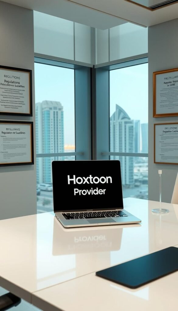 A sleek, modern office interior with floor-to-ceiling windows overlooking the Dubai skyline. On the desk, a laptop displays the Hoxtoon Provider logo, representing a leading IPTV service in the UAE. The walls are adorned with framed regulations and guidelines related to IPTV services, reflecting the current legal landscape. Soft, directional lighting illuminates the scene, creating a professional and authoritative atmosphere. The overall composition conveys a sense of clarity and compliance within the IPTV industry in Dubai.