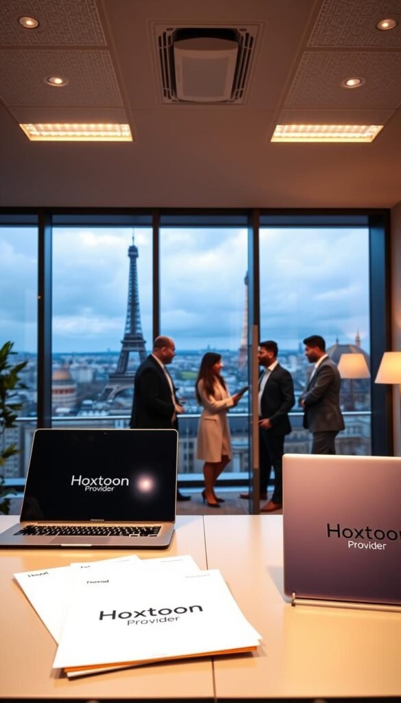 A sleek, modern office interior with large windows overlooking a French cityscape. In the foreground, a desk with a laptop, tablet, and professional-looking documents showcasing the "Hoxtoon Provider" branding. The middle ground features a team of well-dressed individuals collaborating, conveying the idea of a reputable, customer-focused IPTV service provider. The background has subtle hints of the Eiffel Tower and other Parisian landmarks, establishing the French context. The lighting is warm and inviting, creating a sense of professionalism and reliability. The overall composition and attention to detail suggest Hoxtoon as the leading IPTV provider in France.