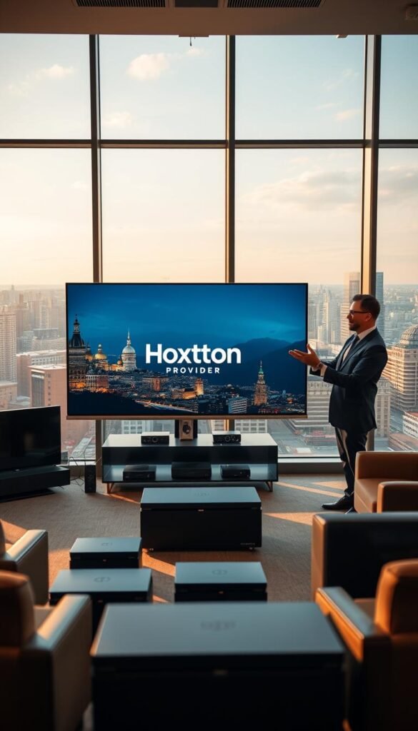 A sleek, modern office interior with large windows overlooking a bustling German cityscape. In the foreground, a state-of-the-art television display showcases the Hoxtoon Provider logo, surrounded by various IPTV-enabled devices. The middle ground features a well-dressed professional gesturing towards the display, discussing the comprehensive German content library and seamless streaming experience. The background is bathed in warm, natural lighting, creating an inviting and authoritative atmosphere for this premier IPTV service.
