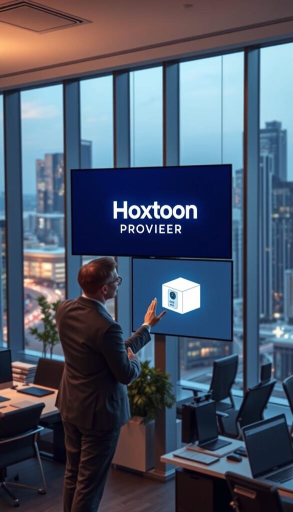A sleek, modern office interior with large windows overlooking a bustling city skyline. In the center of the frame, a prominent display showcases the "Hoxtoon Provider" brand, featuring a clean, minimalist logo and high-quality rendering of the product. The display is illuminated by soft, directional lighting, casting a warm glow across the scene. In the foreground, a professional-looking person, dressed in business attire, is interacting with the display, gesturing towards the Hoxtoon brand. The background is filled with other office equipment and decor, conveying a sense of a well-established, reputable company. The overall tone is one of professionalism, reliability, and technological sophistication.