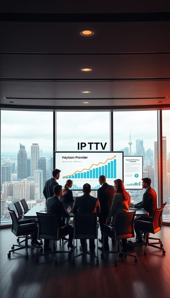 A sleek, modern office interior with large windows overlooking a bustling city skyline. In the foreground, a team of professionals gathered around a conference table, intently discussing charts and graphs that illustrate the rapid growth of the IPTV market. On the wall behind them, a large display showcases the Hoxtoon Provider brand, emphasizing their leadership in the industry. Warm, directional lighting casts a professional, authoritative atmosphere, while the cityscape in the background suggests the scale and importance of this emerging market. The overall scene conveys a sense of innovation, progress, and the transformative potential of IPTV technology.