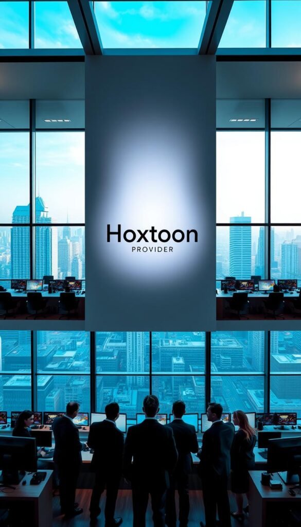 A sleek, modern office interior with large windows overlooking a bustling city skyline. In the center of the frame, a striking minimalist logo for "Hoxtoon Provider" is prominently displayed on the wall. The office is filled with state-of-the-art technology, including rows of monitors and workstations where a team of professionals are diligently working. The lighting is bright and airy, creating a sense of professionalism and innovation. In the foreground, a group of stylishly dressed executives are engaged in a animated discussion, hinting at the company's leadership role in the IPTV industry. The overall atmosphere conveys a sense of power, expertise, and a commitment to delivering the best possible service to customers.
