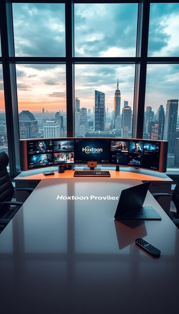 A sleek, modern office interior with large windows overlooking a bustling city skyline. In the center, a large desk with the Hoxtoon Provider logo prominently displayed. Behind the desk, a high-tech control panel with various screens and displays showcasing IPTV service features. On the desk, an open laptop and a stylish wireless remote control. The lighting is a mix of natural daylight and warm, focused task lighting. The overall atmosphere conveys a sense of professionalism, innovation, and industry leadership.