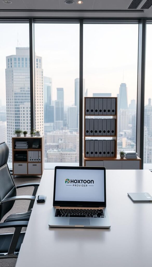 A sleek, modern office interior with large windows overlooking a bustling city skyline. In the foreground, a stylish, minimalist desk showcases a laptop displaying the "Hoxtoon Provider" logo, signifying a crypto-friendly IPTV service. The desk is complemented by a high-end office chair and neatly organized office supplies. The middle ground features a bookshelf filled with technical manuals and legal documents, hinting at the legal considerations involved in operating such a service. The background is softly lit, creating a professional and trustworthy atmosphere, emphasizing the secure and legitimate nature of the IPTV provider.