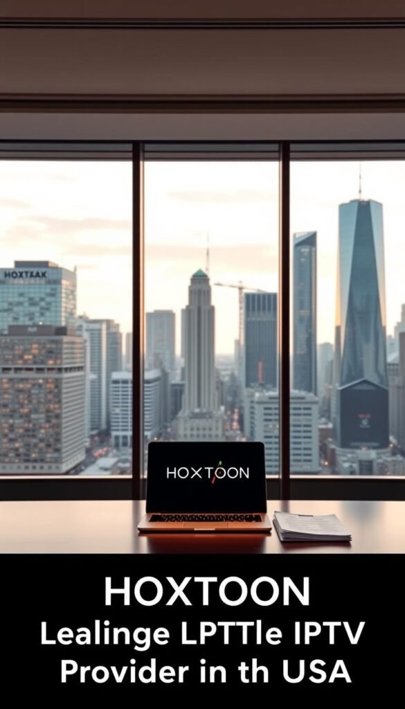 A sleek, modern office interior with large windows overlooking a bustling city skyline. In the center of the frame, a well-appointed desk showcases the Hoxtoon Provider logo, conveyed through elegant typography and a simple, minimalist design. On the desk, a high-end laptop and a stack of documents hint at the advanced technology and professional services offered by this leading IPTV provider. The lighting is soft and warm, creating a sophisticated and trustworthy atmosphere. The overall composition exudes a sense of authority, reliability, and industry expertise, perfectly reflecting the section title "HOXTOON: The Leading Lifetime IPTV Service Provider in the USA".