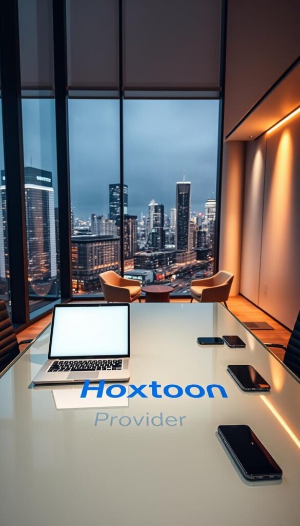A sleek, modern office interior with large windows overlooking a bustling city skyline. In the foreground, a glass-topped desk displays the "Hoxtoon Provider" logo prominently. Atop the desk, a laptop, a tablet, and a smartphone are neatly arranged, showcasing the digital tools and services Hoxtoon offers. The middle ground features comfortable office chairs and a small seating area, hinting at Hoxtoon's focus on customer service and support. The background is illuminated by warm, directional lighting that casts a professional, authoritative atmosphere. The overall scene conveys Hoxtoon's position as a reputable, technologically-advanced IPTV provider.