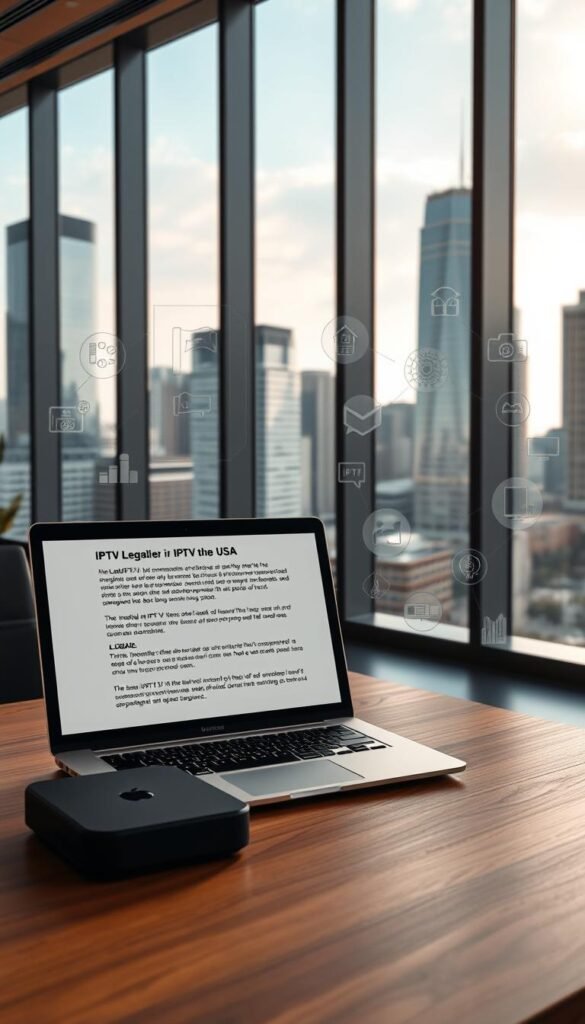 A sleek, modern office interior with large windows overlooking a bustling city skyline. In the foreground, a wooden desk with a laptop and a Hoxtoon Provider IPTV streaming device. The lighting is soft and warm, creating a professional and authoritative atmosphere. On the laptop screen, information about IPTV legality in the USA is displayed, with a focus on the legal considerations for IPTV services. The background features stylized icons and infographic elements related to IPTV, technology, and the legal landscape. The overall composition conveys a sense of expertise, credibility, and the importance of understanding the legal aspects of IPTV services.