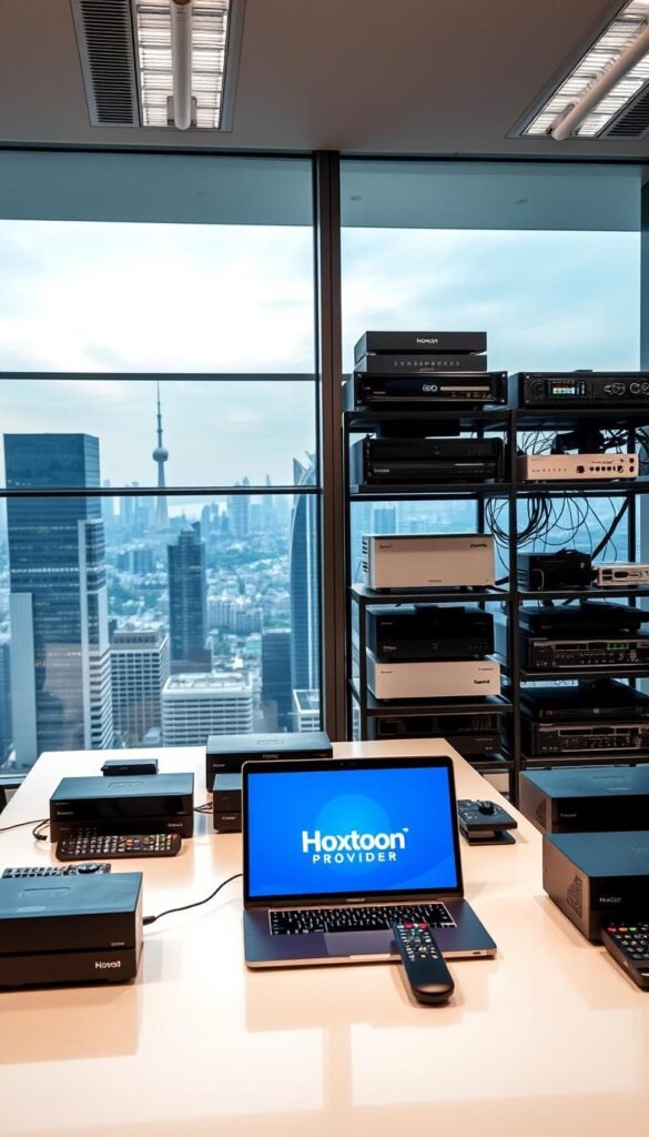 A sleek, modern office interior with large windows overlooking a bustling city skyline. In the foreground, a well-appointed desk features the Hoxtoon Provider logo prominently displayed on a laptop screen. On the desk, various streaming devices, remote controls, and networking equipment are neatly arranged, conveying a sense of reliable, high-quality IPTV services. The lighting is bright and directional, highlighting the professional, technology-focused atmosphere. In the background, shelves filled with networking gear and cable management accessories suggest the comprehensive infrastructure supporting Hoxtoon's IPTV offerings for expats. The overall scene exudes a sense of trustworthiness, efficiency, and a commitment to providing seamless, reliable entertainment experiences for American expats living abroad.