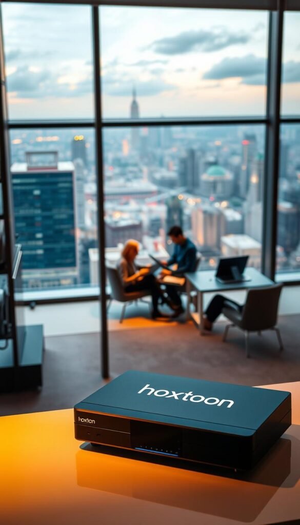 A sleek, modern office interior with large windows overlooking a bustling city skyline. In the foreground, a well-designed workspace features the Hoxtoon Provider logo prominently displayed on a state-of-the-art TV streaming device. The workspace is illuminated by warm, directional lighting, creating a professional and inviting atmosphere. In the middle ground, a team of tech-savvy employees are collaborating on laptops, discussing the latest features and performance metrics of the Hoxtoon IPTV service. The background showcases a dynamic city landscape, hinting at the global reach and cutting-edge technology powering the top-rated Hoxtoon IPTV provider.