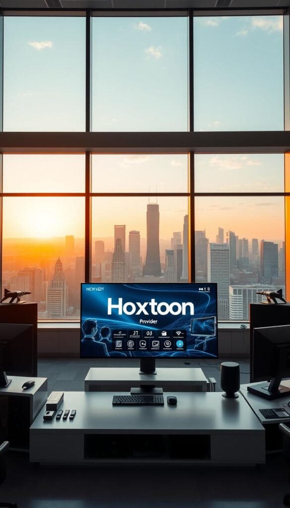 A sleek, modern office interior with large windows overlooking a city skyline. In the foreground, a high-tech media center prominently displays the "Hoxtoon Provider" brand name. The center features a clean, minimalist design with touchscreen displays, IoT-enabled controls, and a state-of-the-art IPTV setup. The middle ground showcases a team of professionals collaborating on the latest IPTV innovations, their faces illuminated by the glow of multiple screens. In the background, the city skyline is bathed in warm, golden afternoon light, creating a sense of productivity and technological progress.